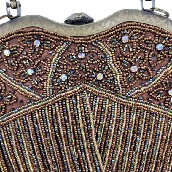 Vtg Baguette Formal Beaded Fringe Framed Kiss Closure Top‎ Handle Bronze - Picture 2 of 11
